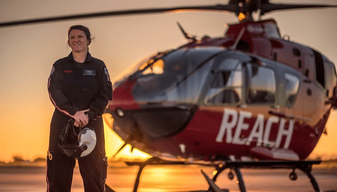 Heather Shannon with a medical helicopter